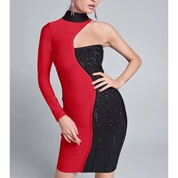 VENUS Dresses Venus Sheath Dress Red Black Long Sleeve Dress